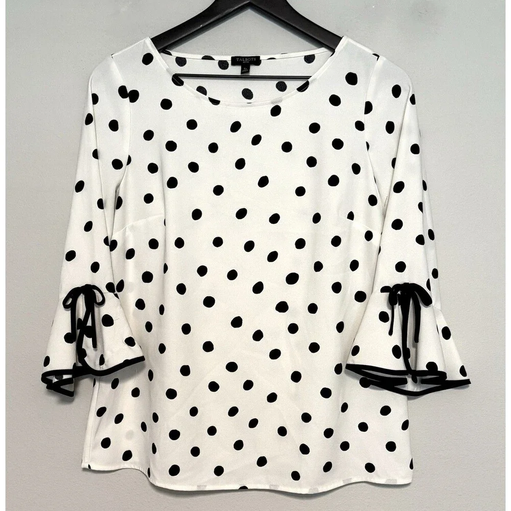 Talbots Petites Polka Dot Blouse Sz SP Ivory Black Bell Sleeve Capsule Career